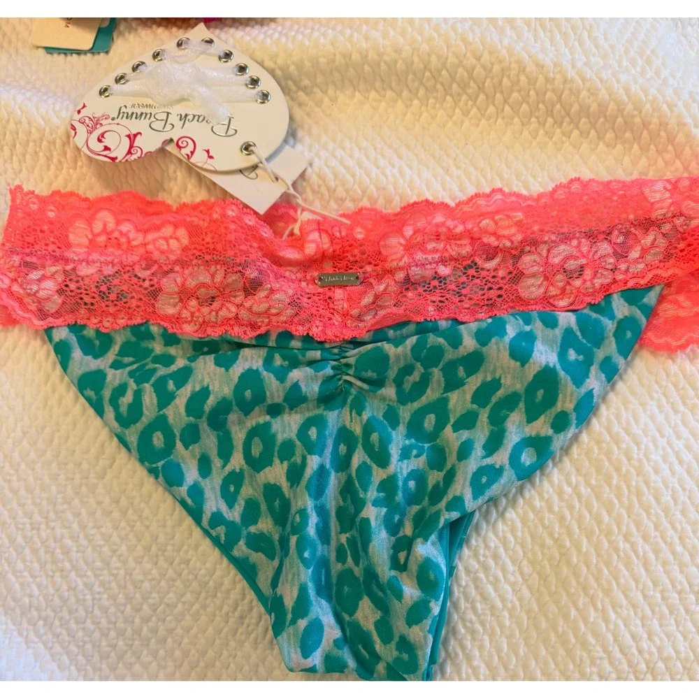 Beach Bunny Swimwear Teal Leopard Pink Lace Bikini‎ Bottom XL R1504B3 NEW